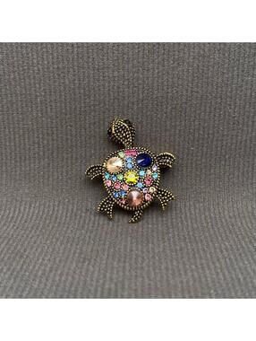 Turtle Brooch with Multicolor Rhinestones